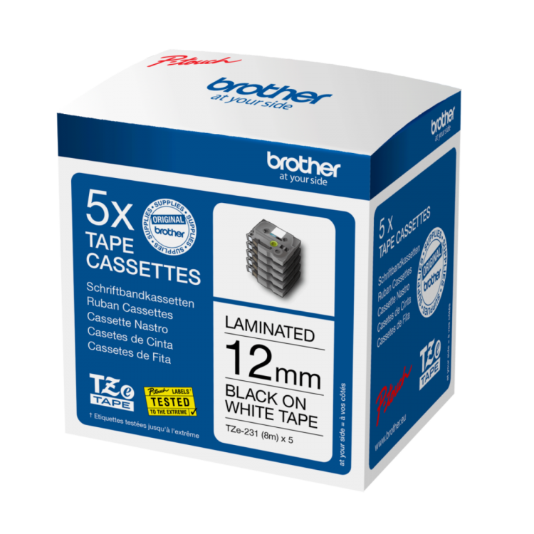 Brother TZE231M5 5 Pack Black on White 8M x 12mm Gloss Tape