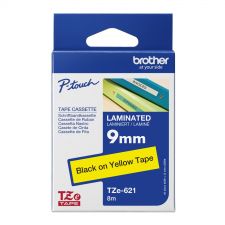 Brother TZE621 black on yellow glossy label tape, 8M length, 9mm width for clear labeling.
