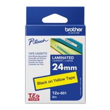 Brother TZE651 black on yellow glossy tape, 8M x 24mm, designed for labeling and organization.