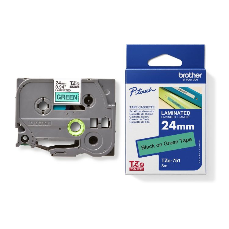 Brother TZE-751 Black on Green 8M x 24mm Gloss Tape